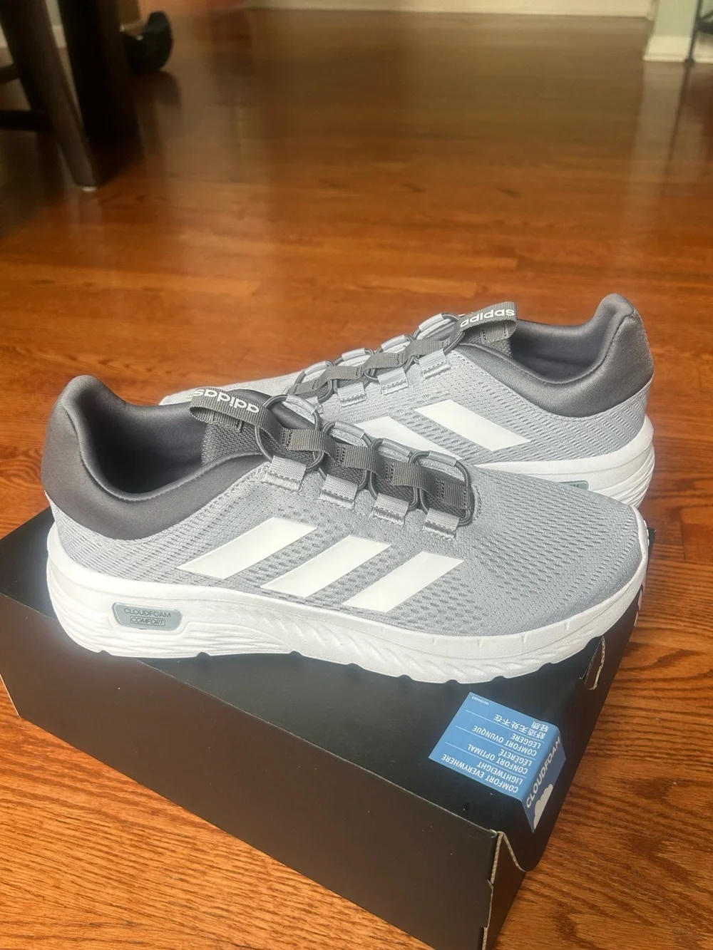 Men Adidas Gray and White Cloudfoam Slip-On Lace Sneakers